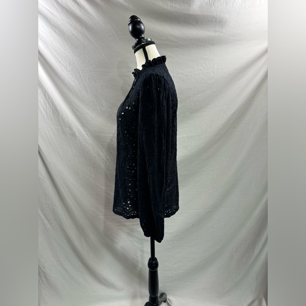 Black Eyelet Embroidered Blouse – Ruffle Stand Collar Split V-Neck Peasant Top - Picture 8 of 9